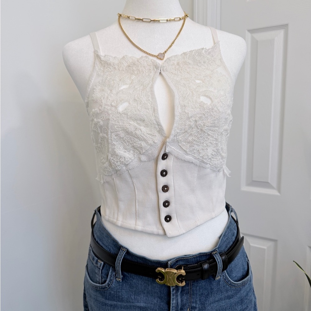 Free People Have My Heart Cropped Lace Tank Ivory Boho Crop Top XS/S - Picture 4 of 16